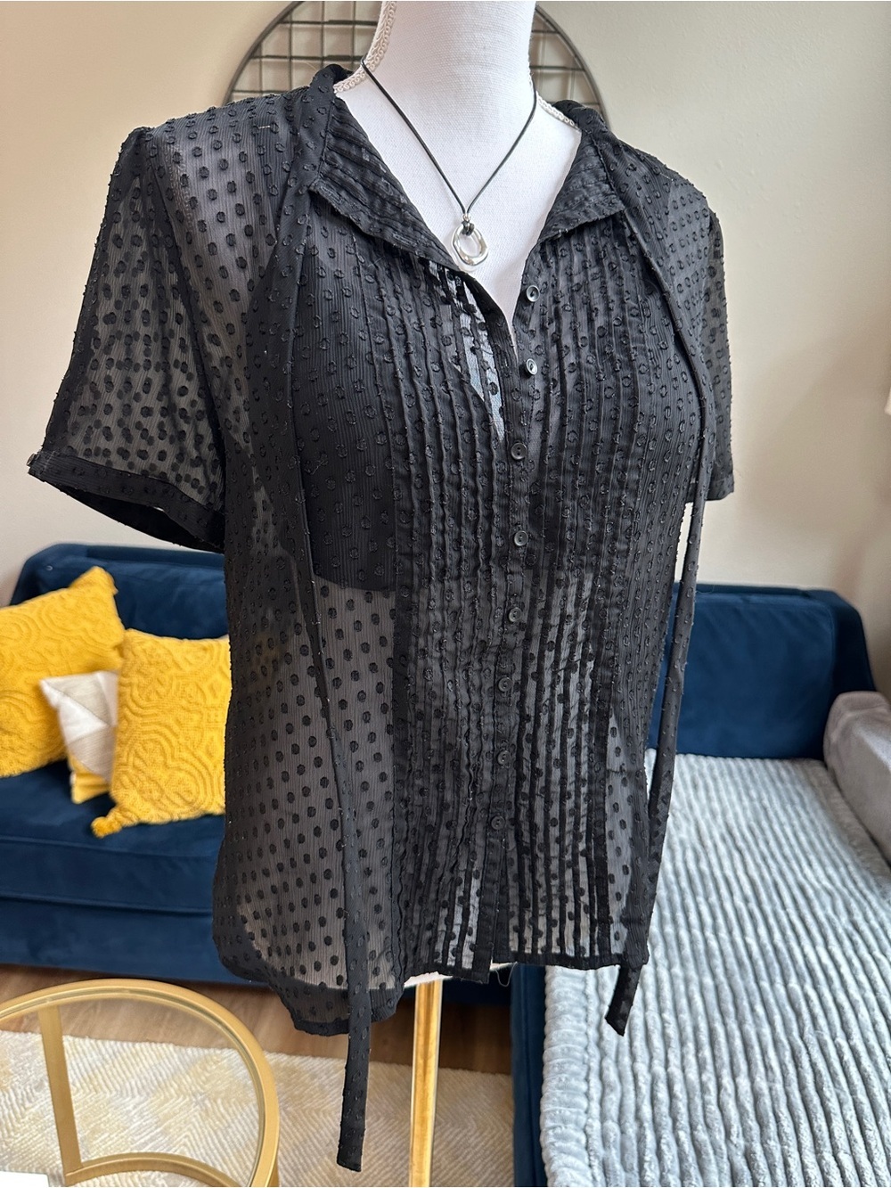 Vintage GAP Factory Black Sheer Swiss Dot Pintuck Tie-Neck Button Up Blouse